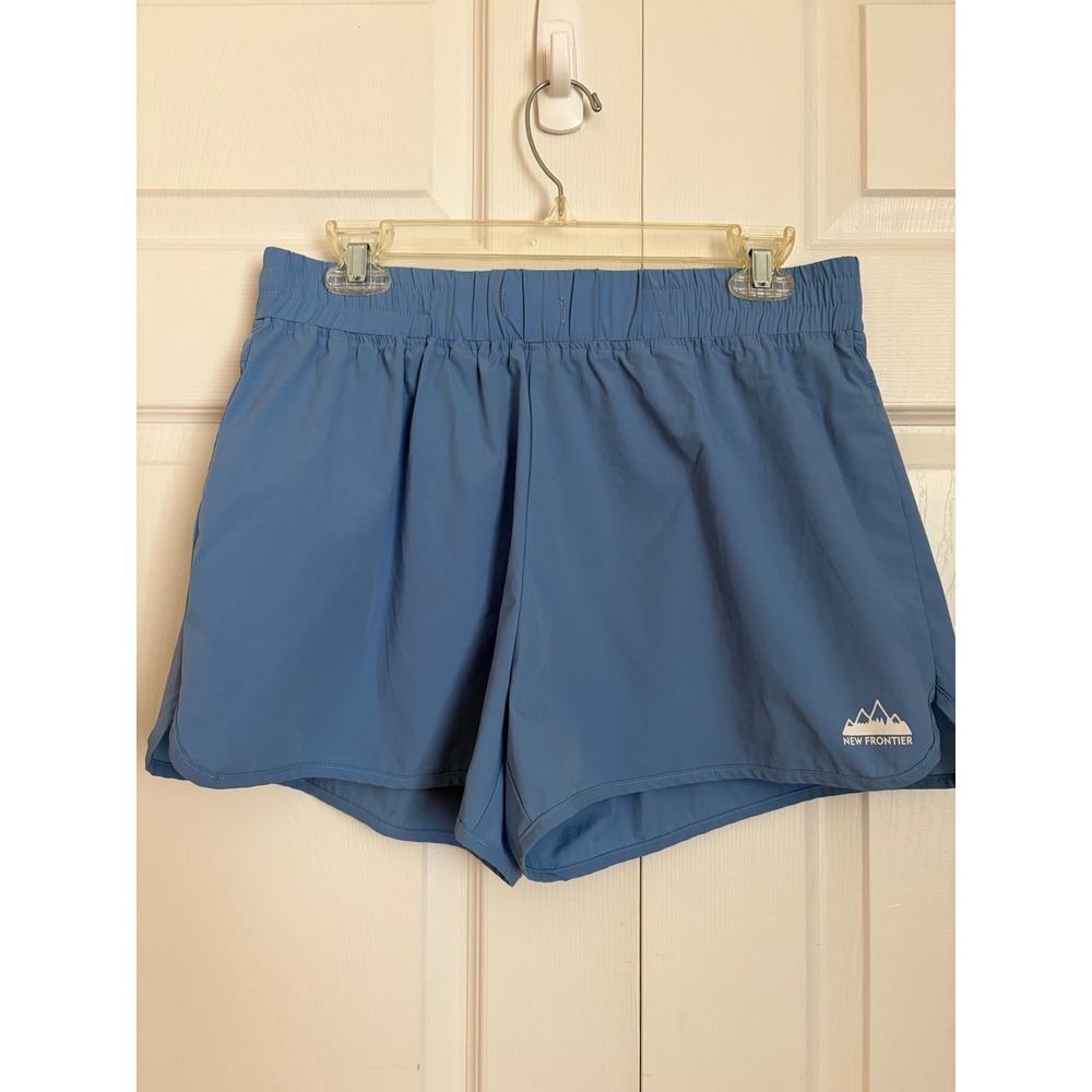 New Frontier Women Blue Athletic Hiking Shorts Elastic Waist Large Zipper Pocket
